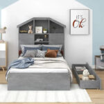 Wood Platform Bed with House-shaped Storage Headboard and 2 Drawer - Image 38