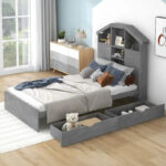 Wood Platform Bed with House-shaped Storage Headboard and 2 Drawer - Image 39