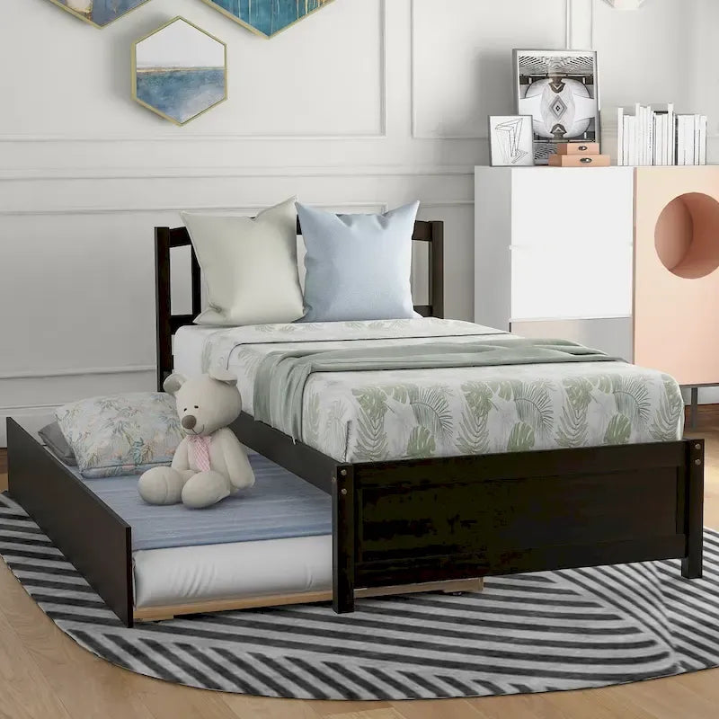 9378325790879_556514 Twin size Platform Bed Wood Bed Frame with Trundle - Image 1