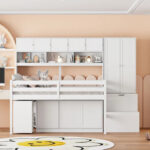 Full Size Wooden Loft Bed Big Storage with Under-bed Desk - Image 2