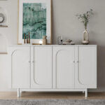 Stylish and Functional 4-Door Intaglio Storage Cabinet with Pine Legs, Solid Wood Pulls and MDF, for Living Room - Image 9