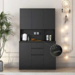 Kitchen Pantry Cabinet with Microwave Stand and 2 Drawers, Freestanding Buffet Cupboards Sideboard with Charging Station - Image 14