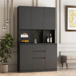 Kitchen Pantry Cabinet with Microwave Stand and 2 Drawers, Freestanding Buffet Cupboards Sideboard with Charging Station - Image 15