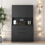 Kitchen Pantry Cabinet with Microwave Stand and 2 Drawers, Freestanding Buffet Cupboards Sideboard with Charging Station - Image 32
