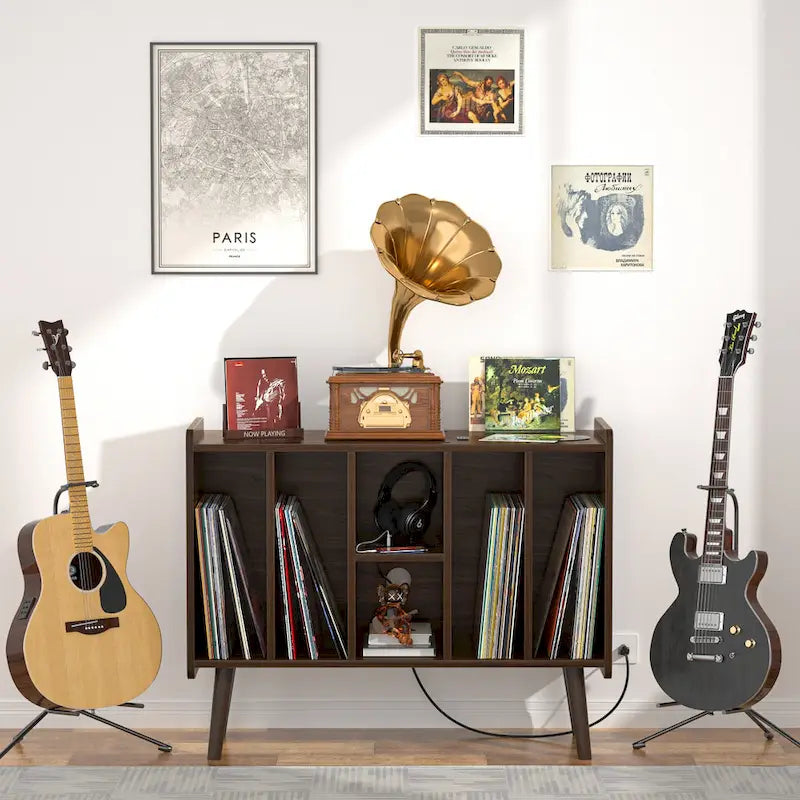 9542064308383_555606 Record Player Stand with Power Outlet and USB Ports, Vinyl Record Storage Table,Vinyl Holder Display Shelf - Image 1