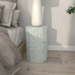Mother of Pearl Shell Handmade Mosaic Inlay Drum Side End Accent Table - Blue - Image 2